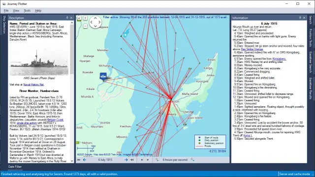Screenshot of Journey Plotter showing the 1915 journey of HMS Severn, and the events recorded in her log-book for 6 July 1915.