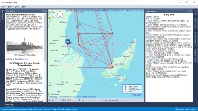 Screenshot of Journey Plotter showing the 1915 journey of HMS Weymouth, and the events recorded in her log-book for 6 July 1915.