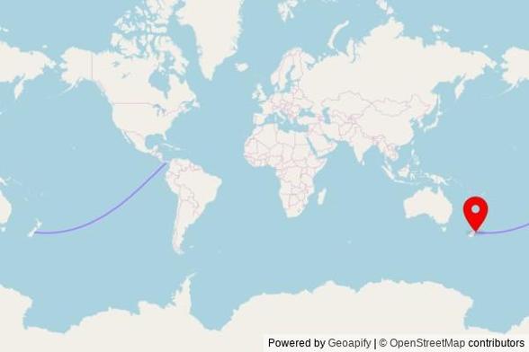 A map showing the great circle route from Villa Lourdes in Panama to a map pin at Saint David's Church, 48 Allens Road, Allenton, Ashburton 7700, New Zealand