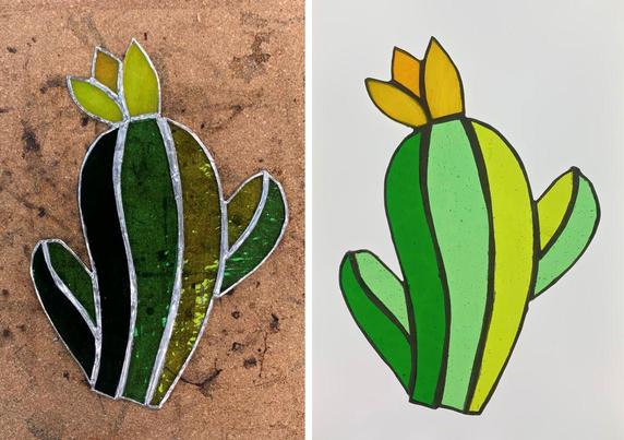 The photo montage shows my finished cactus: on the left, placed on a cork heat mat after soldering, and on the right, illuminated on a light box. The light box highlights the texture and colour of the glass beautifully. I aimed to create the effect of light falling from the top right, using yellow-green tones for highlights, pale green for mid-tones, and darker green for shaded areas.