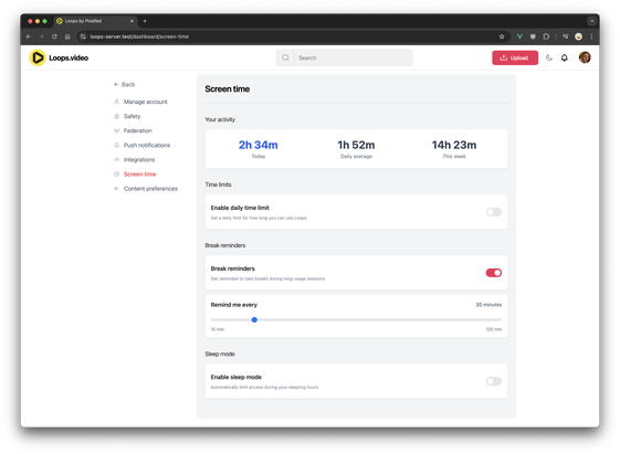 Loops Screen time settings