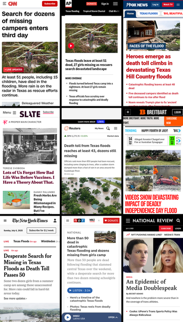 A 3x3 grid of the mobile front pages of CNN, AP News, Fox News, Slate, Reuters, Breitbart, New York Times, NPR, and National Review. The screenshots were taken on July 6th, 2025, at about 7:30 AM ET.