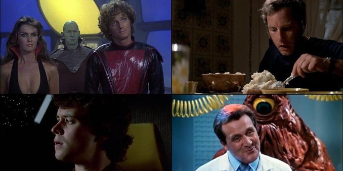 Title card for the "Out of this World" episode of The Video Store podcast, featuring images from Starcrash, Close Encounters of the Third Kind, The Last Starfighter, and Naked Space/Spaceship/The Creature Wasn’t Nice.