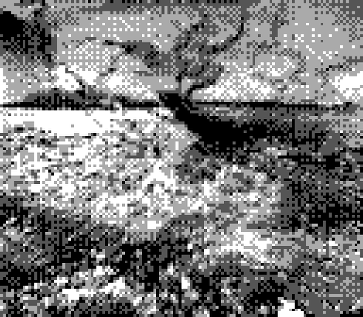 A weird scenic picture of what looks like an alien landscape, pixels are exploding in every direction it's really hard to describe
