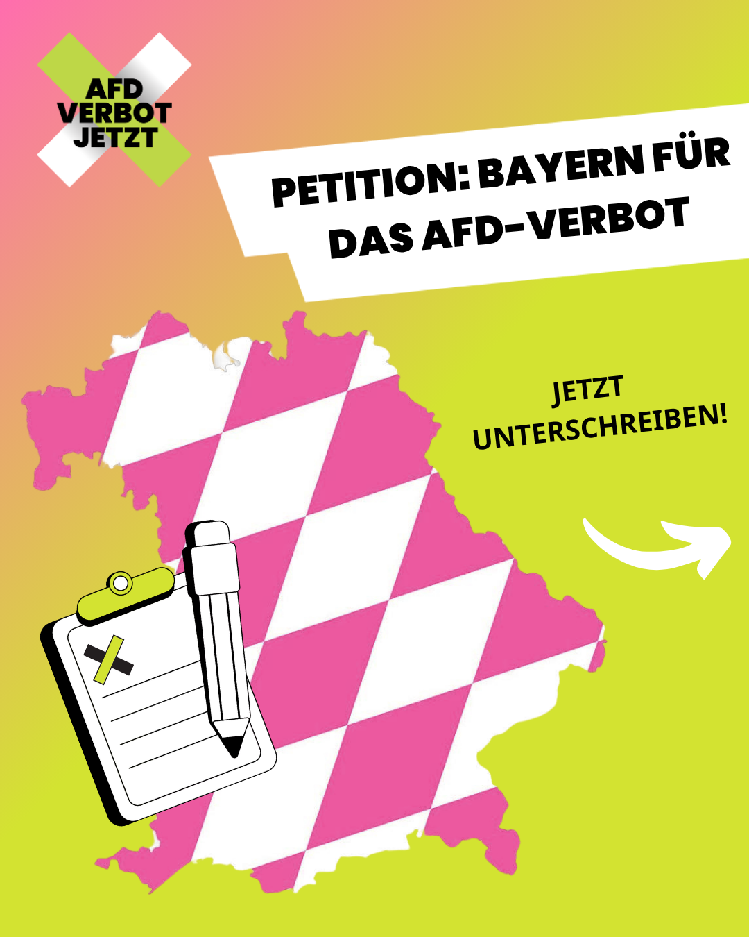 SharePic PETITION: BAYERN FÜR DAS AFD-VERBOT - JETZT UNTERSCHREIBEN!<br>Darunter ist der Umriss von Bayern abgebildet. Die Fläche ist im Muster der Bayrischen Flagge ausgefüllt, allerdings mit pinken statt blauen rauten.