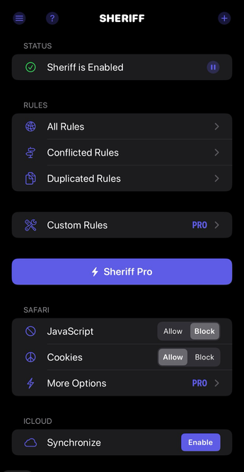The Safari extension for iOS called "Sheriff" provides site-based blocking of JavaScript and cookies, and this is its user configuration interface.