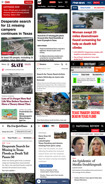 A 3x3 grid of the mobile front pages of CNN, AP News, Fox News, Slate, Reuters, Breitbart, New York Times, NPR, and National Review. The screenshots were taken on July 6th, 2025, at about 11:30 AM ET.