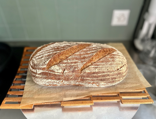 Ein länglicher Laib Brot, mit mehreren diagonalen Einschnitten liegt auf einem Holzgitter zum Auskühlen.