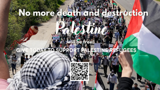 Palestinian children walking through rubble holding bread and water bottles.