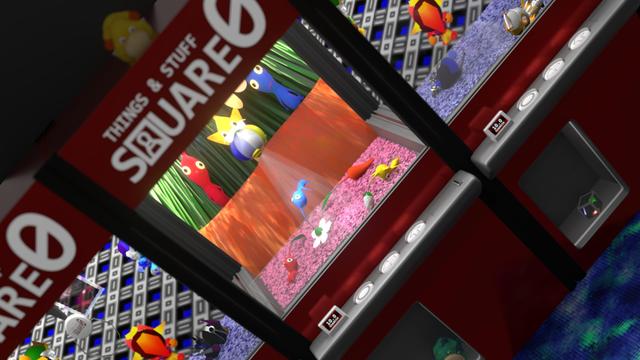 A few crane games side-by-side. In the middle, a "ufo catcher" with the crane replaced with the pikmin onion. Various Pikmin/Bomberman 64 characters featured.