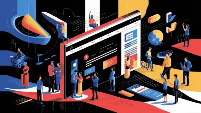 A computer screen with animated figures in front of it.