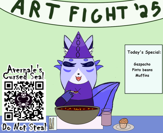 A colored drawing of a blue, feline creature dressed as a wizard and eating a big bowl of gazpacho. On the wall behind him is a sign reading, "Today's Special: Gaspacho, Pinto Beans, Muffins," and a banner reading, "Art Fight '25"