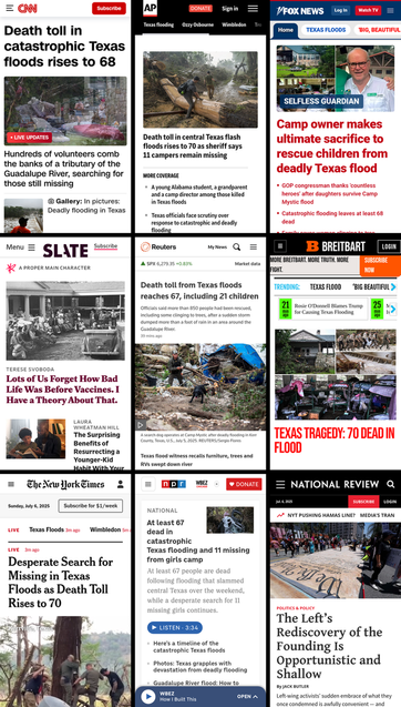 A 3x3 grid of the mobile front pages of CNN, AP News, Fox News, Slate, Reuters, Breitbart, New York Times, NPR, and National Review. The screenshots were taken on July 6th, 2025, at about 3:30 PM ET.