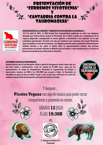 Cartel del evento "Presentación de Cerremos Vivotecnia y Cantabria contra la tauromaquia". Sábado 12 de julio a las 19:30 en la librería La Libre de Santander, en la Rampa de Sotileza.