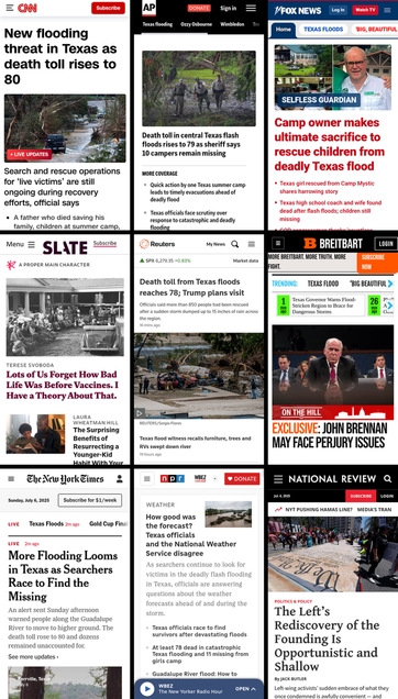 A 3x3 grid of the mobile front pages of CNN, AP News, Fox News, Slate, Reuters, Breitbart, New York Times, NPR, and National Review. The screenshots were taken on July 6th, 2025, at about 7:30 PM ET.