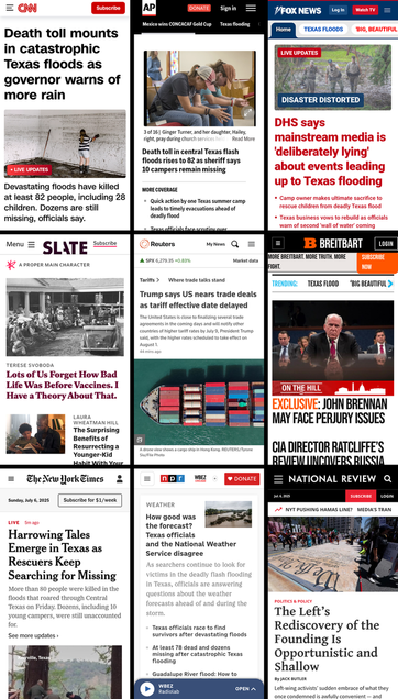 A 3x3 grid of the mobile front pages of CNN, AP News, Fox News, Slate, Reuters, Breitbart, New York Times, NPR, and National Review. The screenshots were taken on July 6th, 2025, at about 11:30 PM ET.
