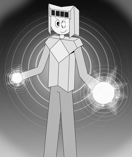Drawing of Platinum showing off the glowing sound waves emanating from his armor and his hands. His left eye glows bright white.