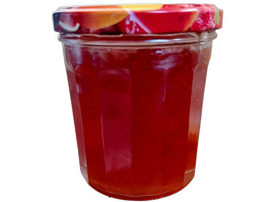 Un pot de 250 g, fermé, de confiture de pêches.