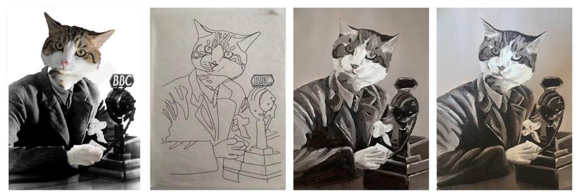 A montage of four photos, used in creating a picture of a broad-faced tomcat with a white stomach, paws, and lower face, contrasted by tabby markings on the upper half of its face and body. The painting features the cat’s head and paw, while the body, suit, desk, and microphone are based on a photograph of George Orwell.