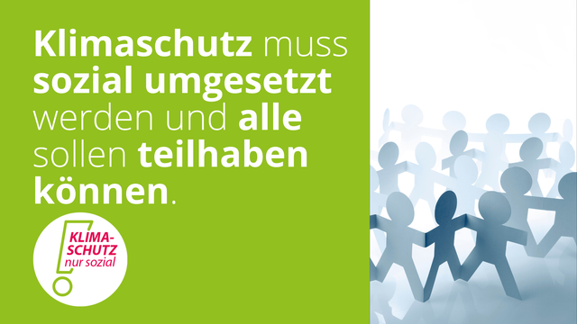 EIn Bild, das zweigeteilt ist. Links in wei´ßer Schift auf grünem Hintergrund: Klimaschutz muss sozial umgesetzt werden und alle sollen teilhaben können, rechts ein grafisches Bild von aneinander gereihten blauen Figuren.