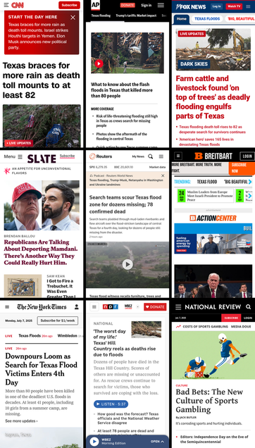 A 3x3 grid of the mobile front pages of CNN, AP News, Fox News, Slate, Reuters, Breitbart, New York Times, NPR, and National Review. The screenshots were taken on July 7th, 2025, at about 7:30 AM ET.