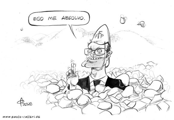 Schwarzweiß-Karikatur. Jens Spahn ist umgeben von Massen von Gesundheitsmasken, allein sein Oberkörper ist sichtbar. Auf dem Kopf trägt er eine F F P Maske, die ein bisschen an eine Bischofsmütze erinnert. Mit Zeige und Mittelfinger macht er Auf und Abbewegungen, so als wolle er ein Kreuz in die Luft zeichnen. Er blickt und spricht in unsere Richtung: Ego me absolvo.