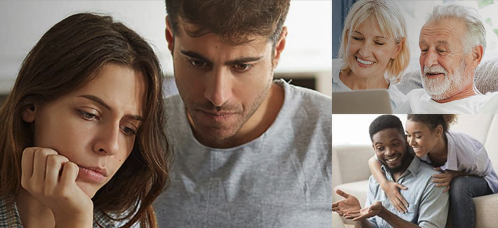 Three couples. First couple looks shocked and disappointed. Second older couple seems very happy. Third couple with man overly excited to show wife results by hand gesturing ‘see’