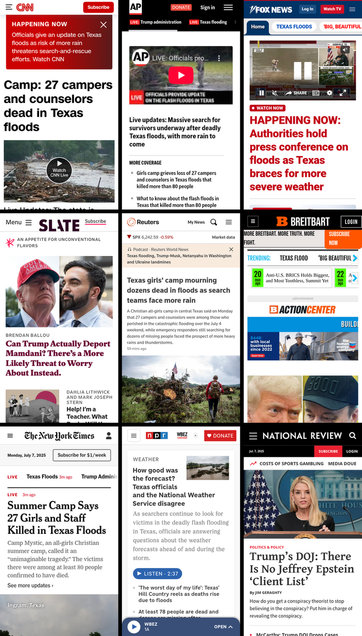 A 3x3 grid of the mobile front pages of CNN, AP News, Fox News, Slate, Reuters, Breitbart, New York Times, NPR, and National Review. The screenshots were taken on July 7th, 2025, at about 11:30 AM ET.
