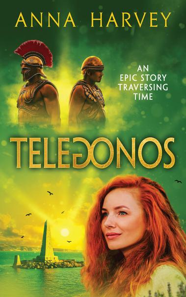 Telegonos book cover showing contemporary picture of monument by De Bosset Bridge, Kefalonia and female protagonist, with 2 opposing ancient warriors in background.