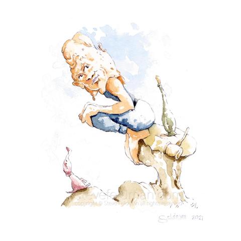 "Bad Choices Precede Foul Moods" is a watercolor painting of a figure looking back over their shoulder while sitting on a rocky outcrop upon which there is also a wine bottle and a wooden gavel. In front of the figure looking up at them is a small pink elephant.