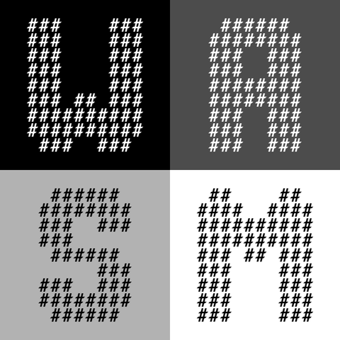 Characters W A S and M made of hashtags in four different backgrounds from black to dark grey to light grey to white.