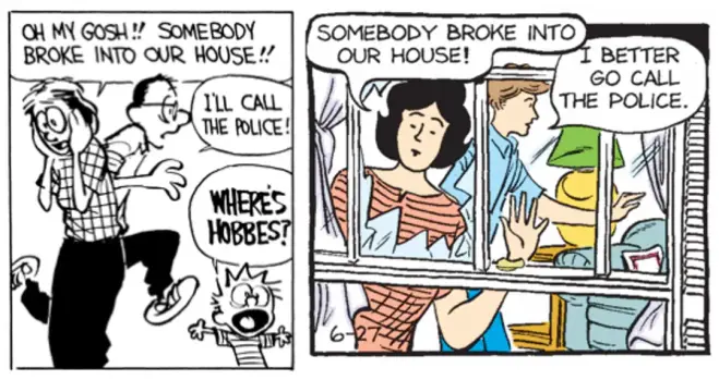 Two comic panel frames,  one of a good comic in B&W on the left and one in color on the right that is a pale imitation