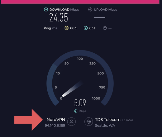 Screenshot of an Internet speed test, showing NordVPN detected as the client
