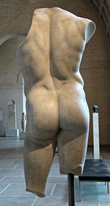 Reverse view of a statue of Apollo. Only the torso, beautifully shaped buttocks, and his thighs remain. The musculature of the back has been sculpted with much love to detail.