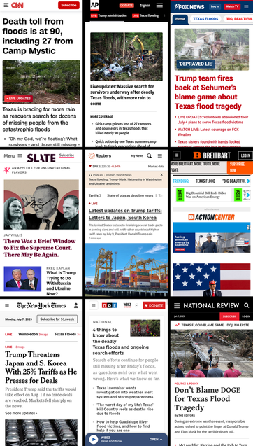 A 3x3 grid of the mobile front pages of CNN, AP News, Fox News, Slate, Reuters, Breitbart, New York Times, NPR, and National Review. The screenshots were taken on July 7th, 2025, at about 3:30 PM ET.