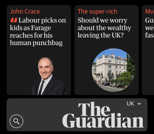 Screenshot of Guardian news app. Story on right hand side has headline “Should we worry about the wealthy leaving the UK?”