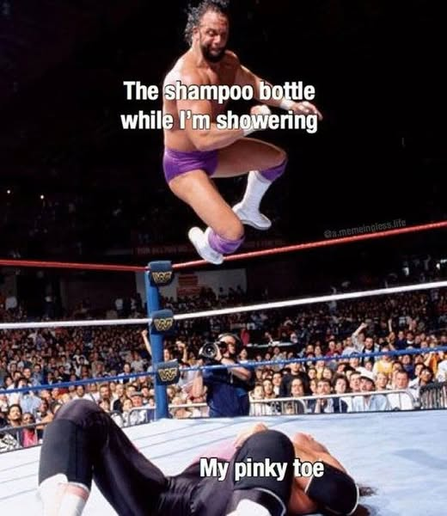 "The shampoo bottle while I'm in the shower" (A wrestler jumping off of the top rope...)
"My Pinky Toe" (...a wrestler lying on the mat of the ring about to get pummeled)
