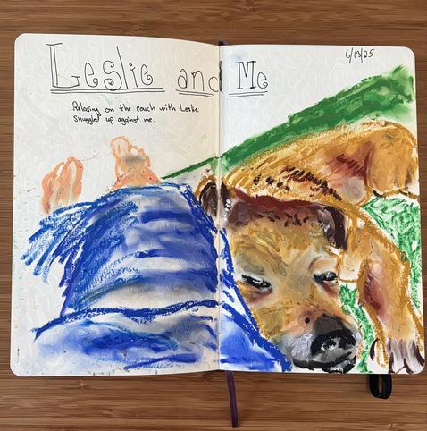 An oil pastel drawing of a dog cuddled up next to a person.