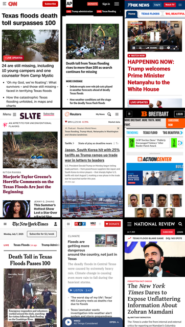 A 3x3 grid of the mobile front pages of CNN, AP News, Fox News, Slate, Reuters, Breitbart, New York Times, NPR, and National Review. The screenshots were taken on July 7th, 2025, at about 7:30 PM ET.