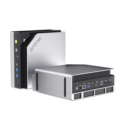 a little silver mini-pc with a bunch of ports, ventilation holes, and a green power button