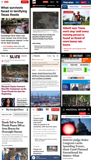 A 3x3 grid of the mobile front pages of CNN, AP News, Fox News, Slate, Reuters, Breitbart, New York Times, NPR, and National Review. The screenshots were taken on July 7th, 2025, at about 11:30 PM ET.