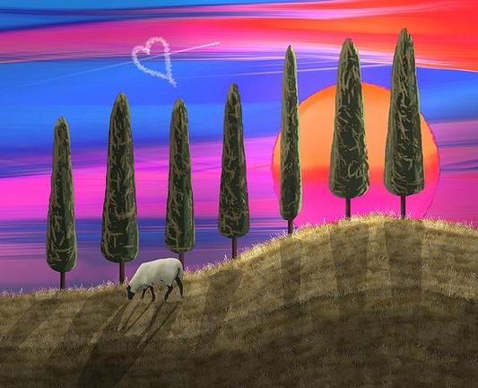 Summer Sunset with Cloud Heart Seven Tree Hill by Joan Stratton - paintingsbyjoan

Summer Sunset with Cloud Heart Seven Tree Hill by Joan Stratton

Seven cypress trees stand tall against a vibrant sky with streaks of blue, pink, and orange, while a heart-shaped cloud floats above. In the foreground, a solitary sheep grazes on a grassy hill as the sun sets in the background.

Ether Art – A hand-drawn drawing / painting using the exciting modern art form where art is created from scratch using a computer in lieu of a real canvas and paint, water colour, pastel, pencil, charcoal etc I create digital art from the ether, exactly the same as if I was starting with a blank canvas.