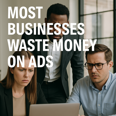 A group of four young adults, displaying serious and concerned expressions, huddle around a laptop displaying poor advertising results, highlighting the prevalent issue of wasted money on ineffective business ads.