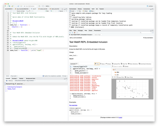 RStudio interface showing R package documentation with embedded WebR REPL functionality. The left pane contains R source code with roxygen2 comments, including a @examplesWebR tag and demo functions. The right pane displays package documentation for "Test WebR REPL Embedded Inclusion" with an embedded WebR REPL interface showing a ggplot2 example. The WebR interface contains code (library(ggplot2), ggplot(mtcars, aes(mpg, wt)) + geom_point() + theme_minimal()) and displays a scatter plot visualization. The bottom shows an R console with package loading messages in red text.