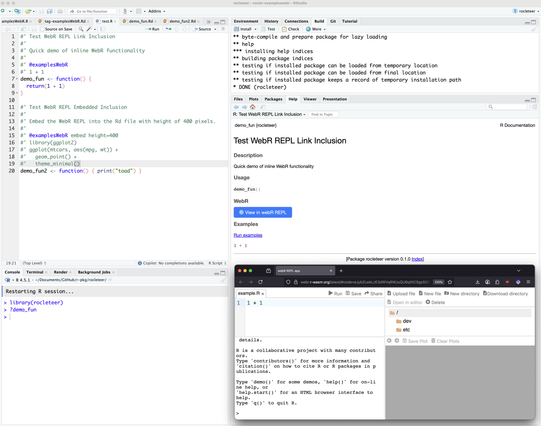 RStudio interface demonstrating WebR REPL link inclusion functionality. The left pane shows R source code with roxygen2 documentation for "Test WebR REPL Link Inclusion." The right pane displays package documentation with a blue "View in webR REPL" button. A firefox browser window is open showing the WebR REPL interface with simple R code (1 + 1) and R session information including details about contributors, demos, and help functions. The interface shows the same rocletter package documentation as the first image.