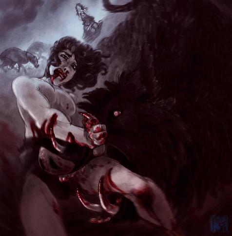 Painting of Adonis on the tusks of a black boar, Ares in disguise. Blood is coming from his mouth and thigh. In the background, two hounds can be seen and a screaming Aphrodite.