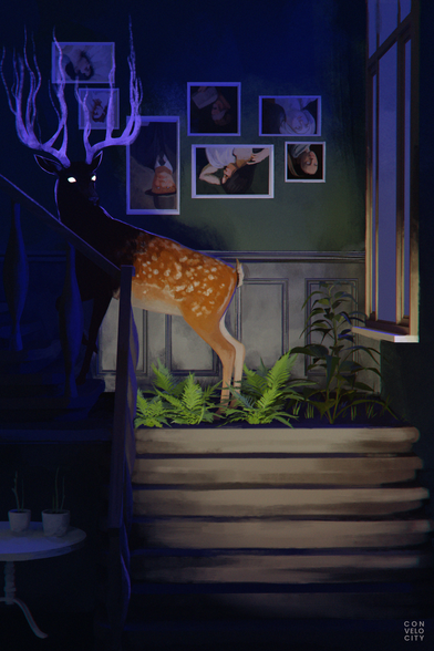 A dark staircase only illuminated by the dim light coming from a window and the viewers flashlight. A red deer can be seen climbing up the stairs, turning its head around to look at the viewer. The deer's head is shrouded in darkness with its eyes glowing white.