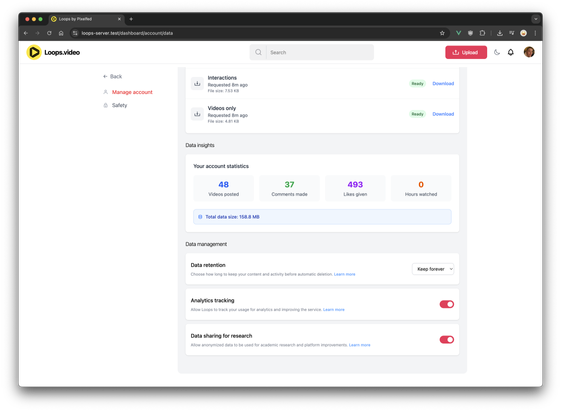 Loops account data settings