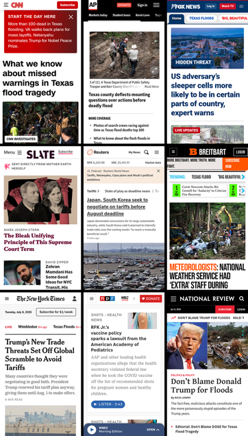 A 3x3 grid of the mobile front pages of CNN, AP News, Fox News, Slate, Reuters, Breitbart, New York Times, NPR, and National Review. The screenshots were taken on July 8th, 2025, at about 7:30 AM ET.