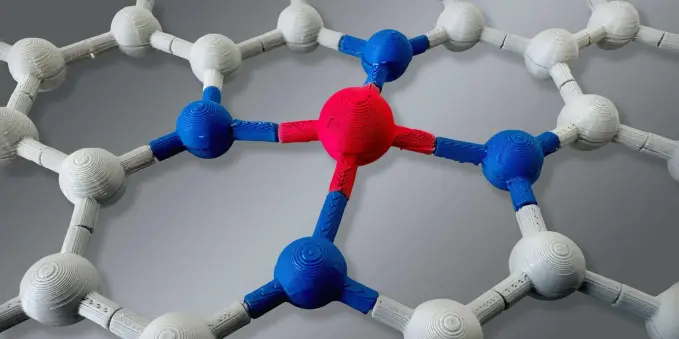 The catalyst consists of single platinum atoms (red) surrounded by nitrogen (blue) and carbon atoms (grey). Using nuclear magnetic resonance, such atomic environments can now be precisely studied for the first time. Credit: Javier Pérez-Ramírez / ETH Zürich